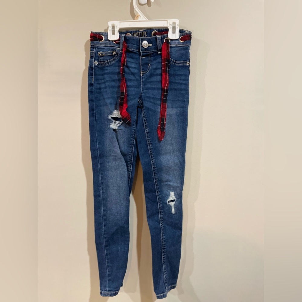 Justice jeans, holes patched, plaid belt, slim